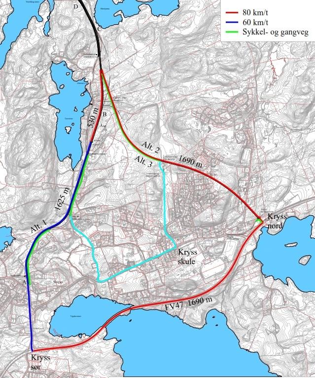 Samanlikning av tid og fart ved dei forskjellige alternativ: Alternativ 1.