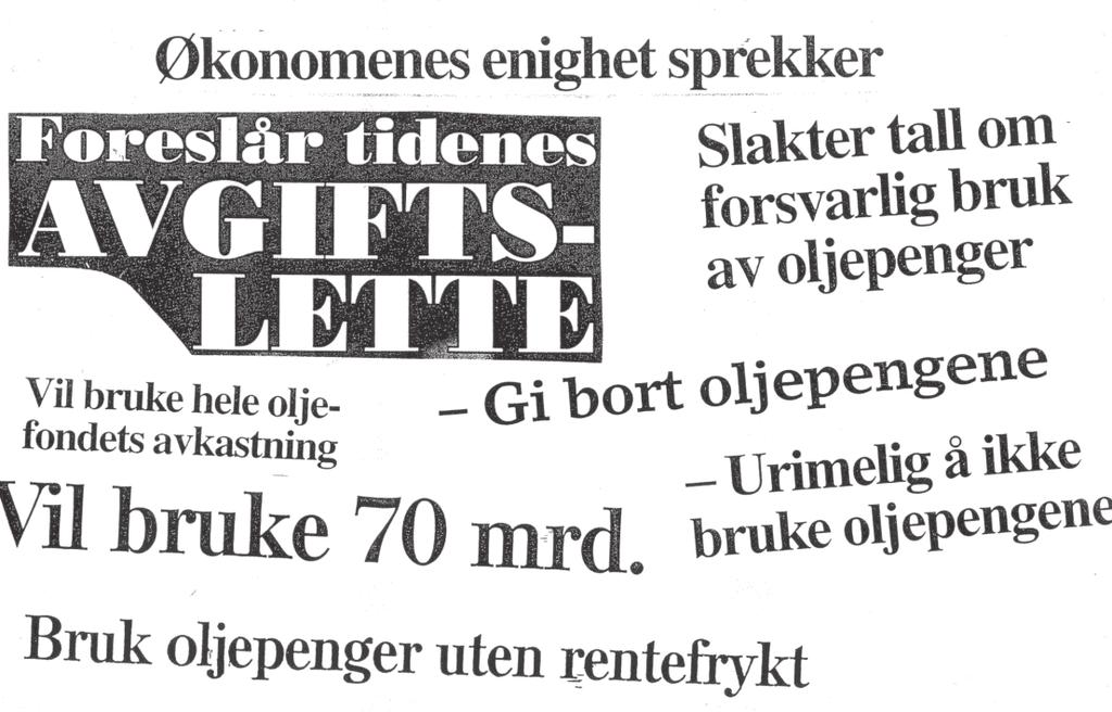 NOU 15: 9 39 Finanspolitikk i en oljeøkonomi Kapittel 3 Figur 3. Avisoppslag om bruk av oljepenger høsten Kilde: Olsen og Skjæveland (). nismen er beholdt uendret selv om fondet har skiftet navn.