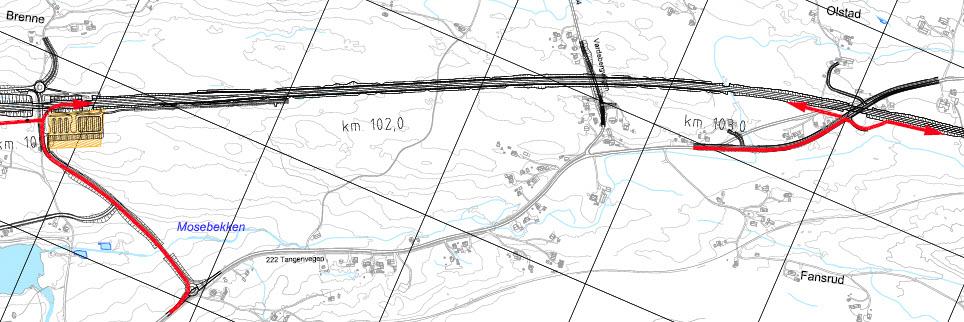 idsvoll Hamar spa Sørli 40 av 98 UH-30-A-55303 Figur 3-40: Anleggsadkomst fra ny Tangen stasjon sørover til Søndre Oddenvika Nordover fra Tangen stasjon bygges også en anleggsveg i anleggsbeltet.