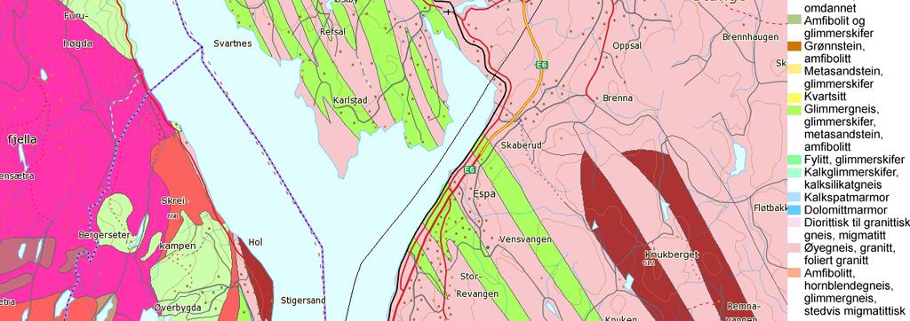 Det er registrert tilsvarende bergarter langs traseen mellom Kleverud og abbdalen. Beskrivelser herfra tyder på at bergartene veksler over kortere avstander enn kartet under viser.