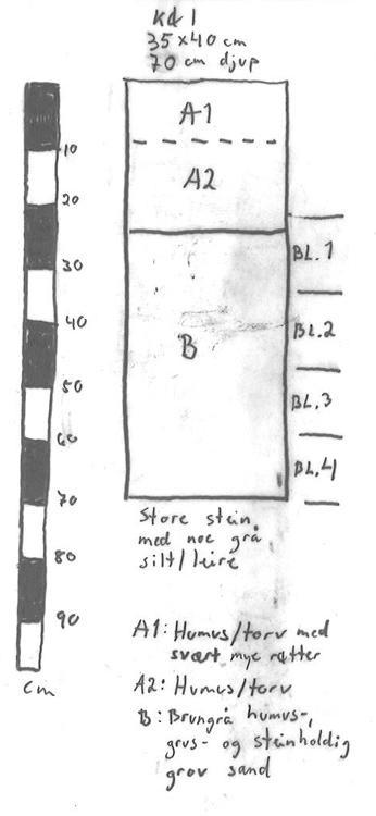 Fig. 19. Prøvestikk lokalitet 2. Funnliste Prøvestikk Bøtte Funn Råstoff Kommentar KØ1 1 1 avslag Kvarts 2 4 avslag Kvartsitt ASM1 2 1 avslag Kvarts 2 1 avslag Flint Tabell 2. Funnliste lokalitet 2.