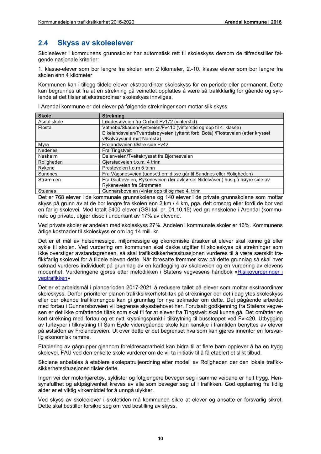 2.4 Skyss av skoleelever Skoleelever i kommunens grunnskoler har automatisk rett til skoleskyss dersom de tilfredsstiller følgende nasjonale kriterier: 1.