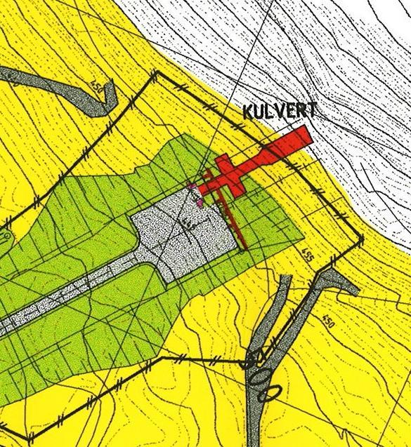 Håndbok for skyte- og øvingsfelt 161 Figur 11.64: Kulvert i fjellet (rødt) ved nedslagsområdet på bane C/E i Rødsmoen skyte- og øvingsfelt. 11.6.3 Miljø spesialanlegg Aktiviteten i spesialanlegg vil som nevnt ofte være stedsspesifikk og forholdsvis forutsigbar.