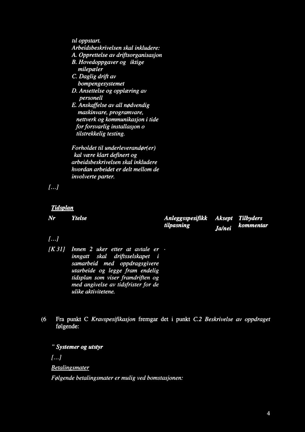 til oppstart. Arbeidsbeskrivelsen skal inkludere: A. Opprettelse av dnftsorganisasjon B. Hovedoppgaver og viktige milepæler C. Daglig dnft av bompengesystemet D.