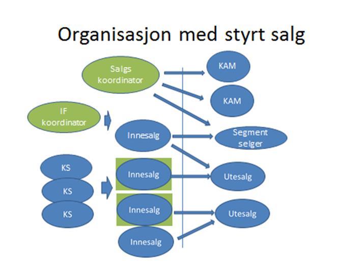 - Selgere rapporterer til salgssjef /salgsdirektør - Salgskoordinatorer støtter salg og gjør selgere mer effektive - Salgssjef/salgsdirektør skal bruke tiden på å coache selgere - Salgsmetoder og