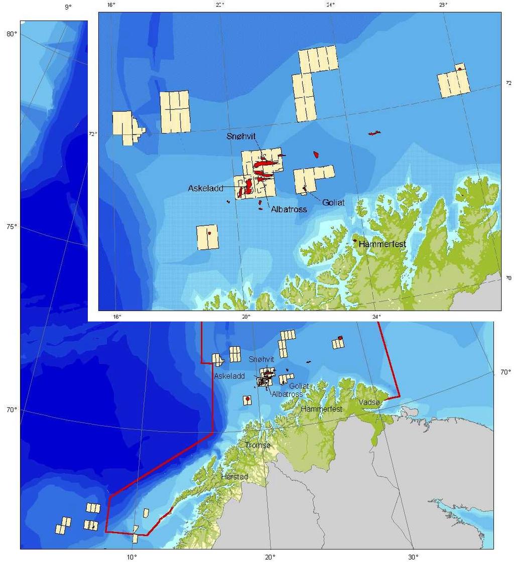 Helårig petroleumsvirksomhet i Lofoten-Barentshavet Forslag til utredningsprogram juni 2002 Figur 4.1 Blokker med aktive lisenser i aktivitetsområdet (seismikkområder ikke angitt).