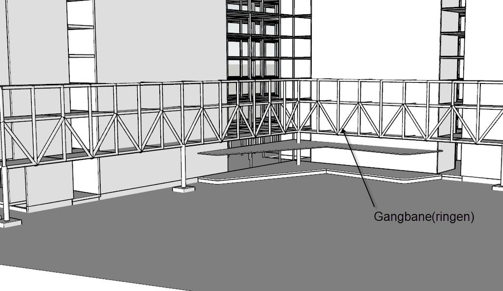 Figur 98 Gangbane (korridorringen) For logistikk mellom byggene er det lagt inn en gangbane, en utvendig korridorring, som går langs utsiden av byggenes fasader og spenner over veien til nabobyggene.