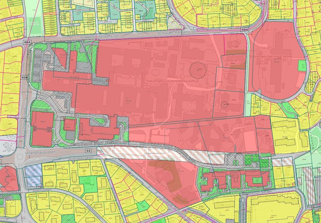 Sykehusområdet er i hovedsak regulert til offentlig bebyggelse (rød fargekode), som vist på figuren under, som er en sammenstillingen av reguleringsplanene for området.