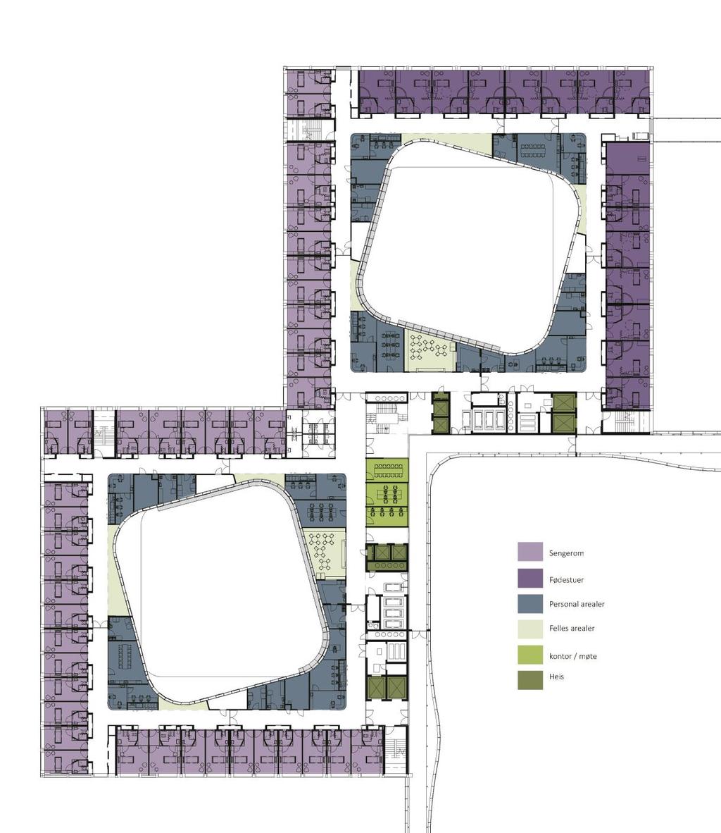 sone. Her finner man fellesfunksjoner som spise- og oppholdssone med kjøkken, møterom/kontor samt trapp og heis i en midtre kjerne.