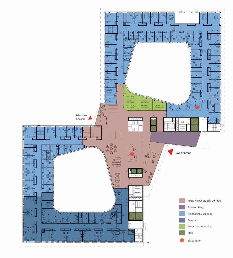 4.7 Behandlingsområder Behandlingsområdene omfatter poliklinikker, akuttmottak og operasjon. Poliklinikkene er plassert i de to første etasjene i sengebyggene A og B. Akuttmottaket ligger i 2. etg.