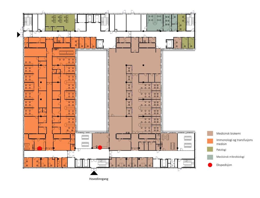 I bygget for øvrig er nordfløyen primært avsatt til avdelingenes interne støttefunksjoner og personalrom, men for laboratoriene er akuttenheter for mikrobiologi og patologi lagt her.