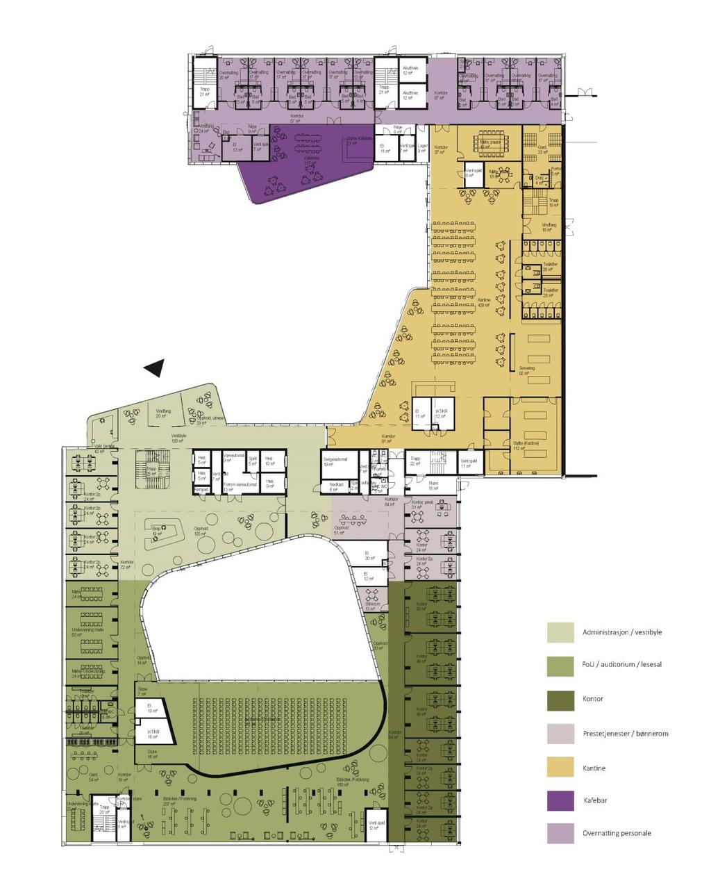 I tillegg er det plassert kontor for avdelingssykepleier/lege i tilknytning til de enkelte avdelingene. Figur 37 Akuttbygget, 1. etg. vestibyle/ kantine/ auditorium 4.9.