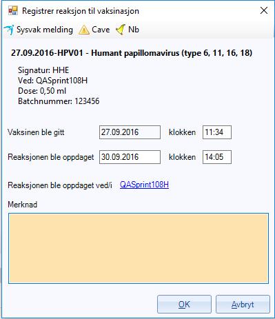 Side 6 2. Skriv inn dato og klokkeslett for når reaksjonen ble oppdaget. Når du klikker OK, sendes en melding til SYSVAK om vaksinasjonen i tillegg til reaksjoner som er registrert. 3.