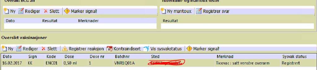 Slette en vaksine For å slette en vaksine, må vaksinen først være registrert hos SYSVAK. Den vil da ha status Registrert i Oversikt vaksinasjoner. Merk vaksinen og klikk på knappen Slett.