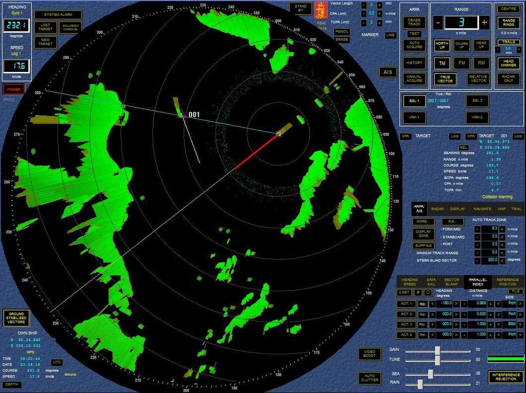 Figur 8- Radarbilde fra Vigrafjorden på tur ut av Lepsøyrevet. Figuren viser manuell plotting med hjelp av peilelinjal, samt automatisk plotting med radarens ARPA-funksjon.