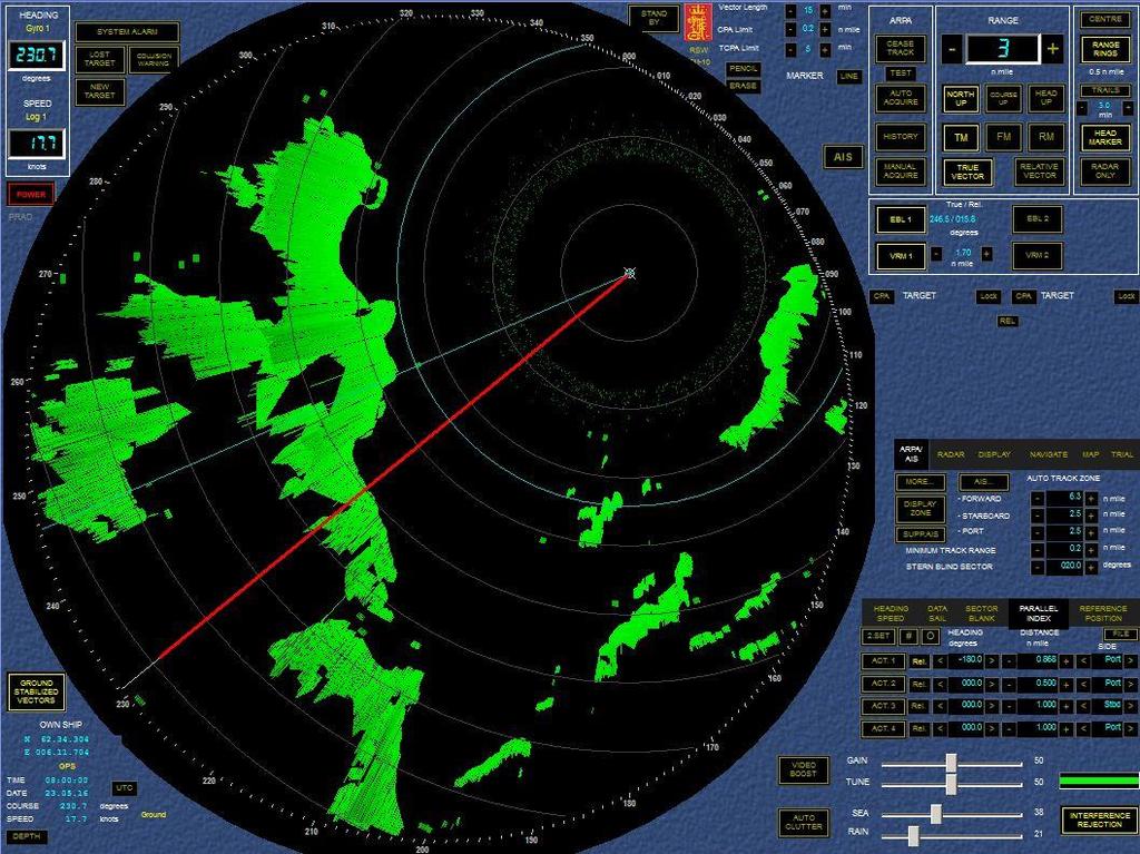 Figur 9- Radarbilde fra Vigrafjorden. Viser bruk av VRM og EBL. Skipsførerne mener at aktiv bruk av EBL og VRM er viktig, og ser etter dette under prøven.
