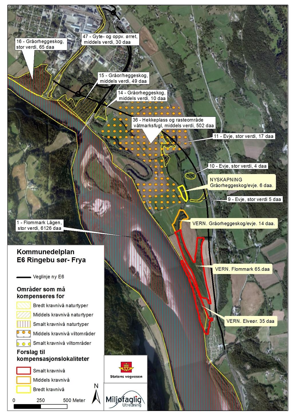 124 (168) UTREDNING Figur 39. Forslag til kompenserende tiltak E6 Ringebu-Frya, parsell 1. Gule bobler er forslag til kompensasjonsarealer og tiltak.