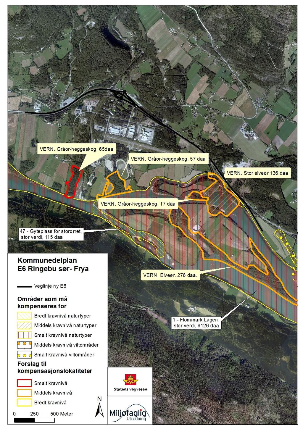 128 (168) UTREDNING Figur 41. Forslag til kompenserende tiltak E6 Ringebu-Frya, parsell 3. Gule bobler er forslag til kompensasjonsarealer og tiltak.