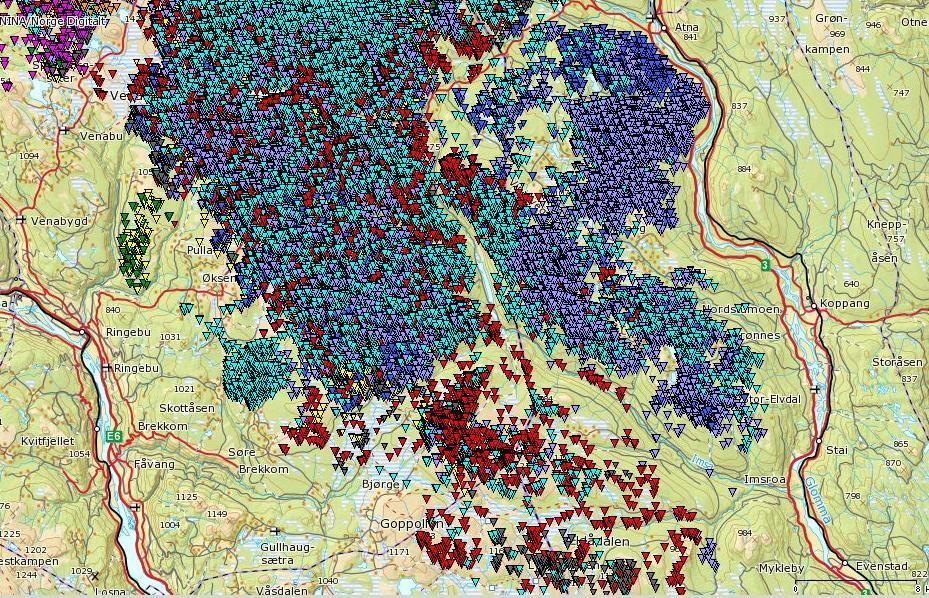 Figur 12. GPS-registreringer av simler januar 2010- desember 2016 (www.dyreposisjoner.no). Aktuell eiendom er vist med lilla prikk.