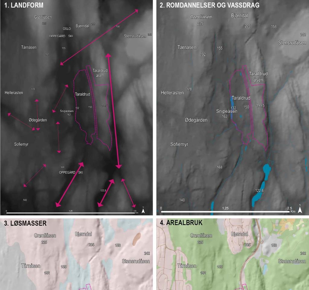 19 Overordnet analyse Analyser utført i ArcMap (GIS) viser at tiltaksområdet ligger i et tydelig lavpunkt i det overordnede landskapsrommet, og at landskapet endrer karakter fra