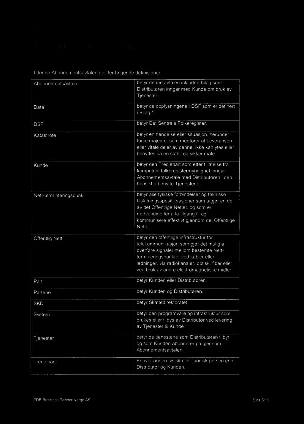 1. Definisjoner I denne Abonnementsavtalen gjelder følgende definisjoner: Abonnementsavtale betyr denne avtalen inkludert bilag som Distributøren inngår med Kunde om bruk av Tjenester.