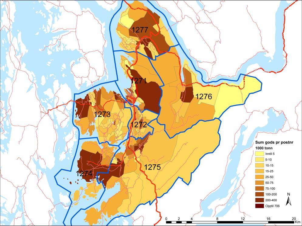 Figur V3-1: Varestrømmer i Nasjonal godsmodell som benytter jernbaneterminalen i Espeland/Unneland-konseptet i hhv KVU og KS1.