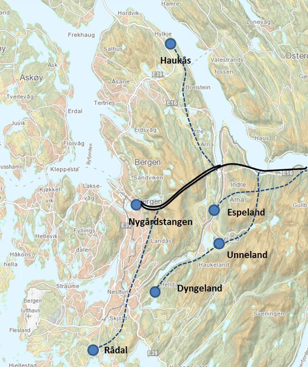 Figur 5-2: Kart over terminalene i KVU-en.