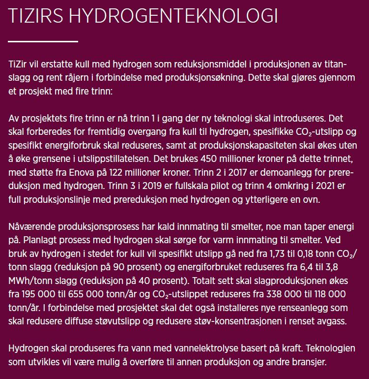 Figur 4: Omtale av TiZir Titanium & Irons hydrogenteknologi [Norsk Industri: Veikart for Prosessindustrien økt verdiskapning med nullutslipp i 2050].