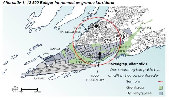 Vurderinger Utredningen slår fast at bygging av ny flyplass helt ut i sjøkanten i syd åpner en enestående mulighet for å konsentrere Bodøs videre byutvikling på Bodø-halvøya.