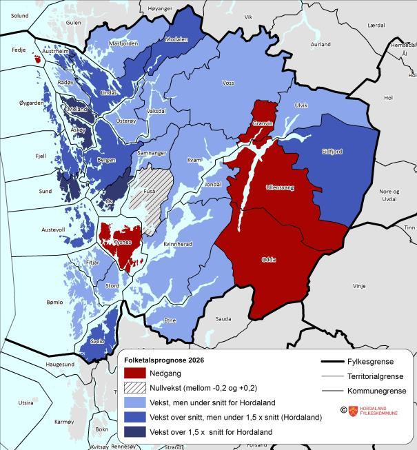 FIGUR 18. FOLKETALSPROGNOSE 2026.(KJELDE: HORDALAND FYLKESKOMMUNE) 5.1.1 UTBYGGINGSMØNSTERET Utbyggingsmønsteret legg grunnlag for transportbehov internt i og mellom tettstader og knutepunkt.