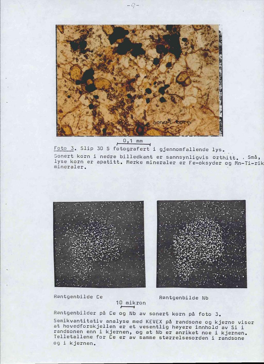 347,:," ' 0,1 mm Foto 3. Slip 30 5 fotografert i gjennomfallende lys. Sonert korn i nedre billedkant er sannsynligvis orthitt. Småy lyse korn er apatitt.