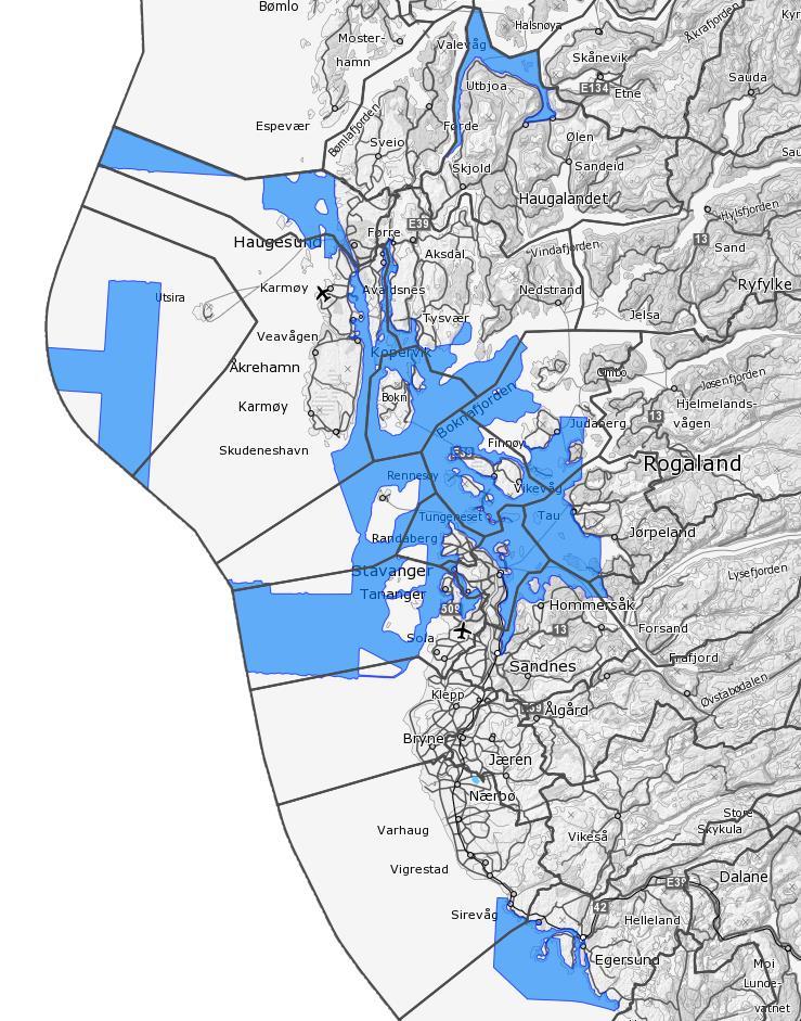 Sjømålt areal i Rogaland Rogaland har et sjøområde som er 7213 km 2, herav er 40% (2852 km 2 ) kartlagt med detaljert batymetri. Blått område har detaljert batymetri.