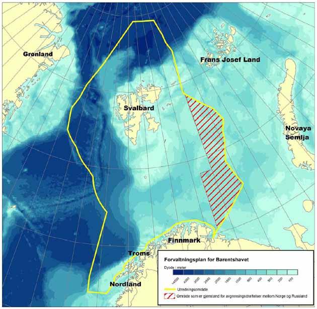 Vedlegg 1. Forvaltningsplan Barentshavet Kart over området som omfattes av grunnlagsutredningene Aktiviteter innenfor den stiplede linjen vil bli utredet.