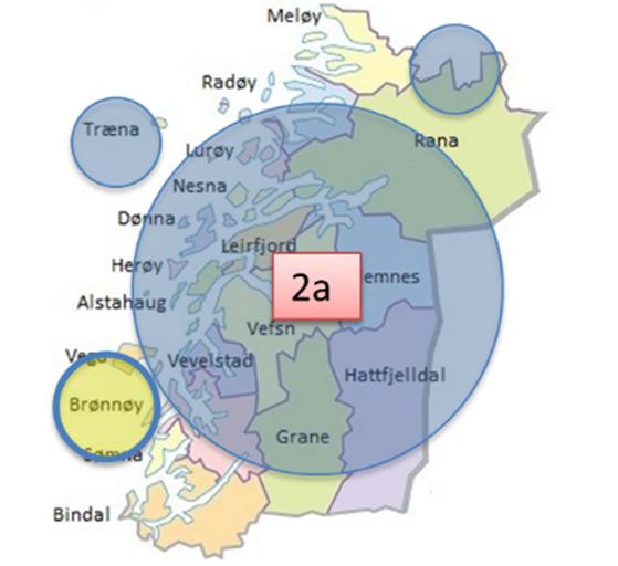 Figur 1-2 Dagens situasjon+dms i Brønnøysund Figur 1-3 SA, inntil tre DMS Figur 1-4 SA, A, inntil to DMS SA= Stort akuttsykehus, A=akuttsykehus og DMS= Distriktmedisinsk senter.