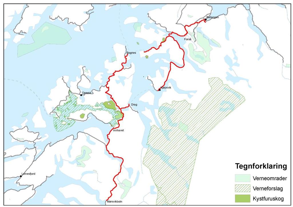 Konsept 1 Konseptet følger i hovedsak eksisterende vegkorridor med noen omlegginger. Utbedring av eksisterende veg vil kunne påvirke viktige natur- og verneområder som grenser inn til dagens veg.