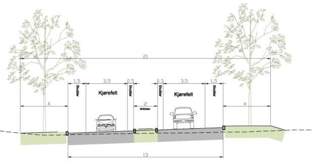 A med 4 felt (som i dag). Vegbredden for firefelts veg er 25 m. I alternativ 1.