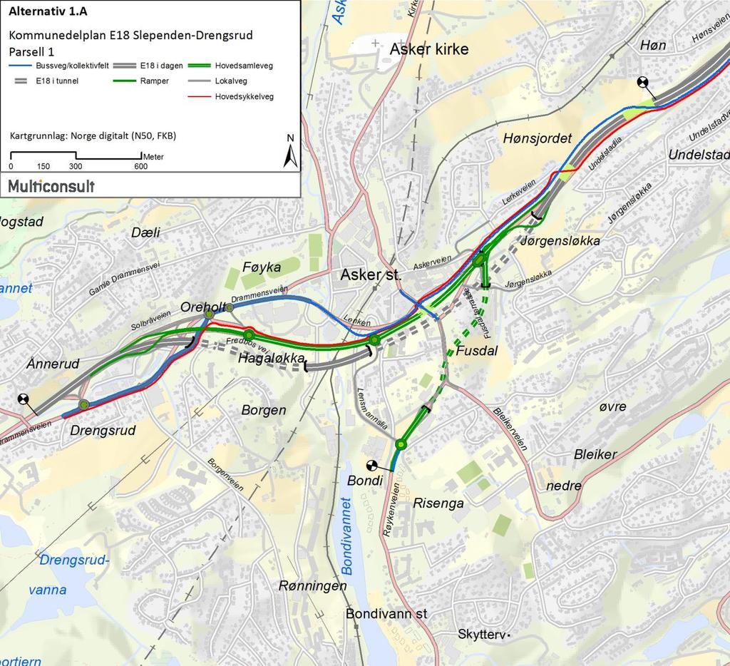 Kommunedelplan E18 Slependen-Drengsrud Temarapport naturmiljø 2.5.2 E18 Drengsrud Høn, alternativ 1.