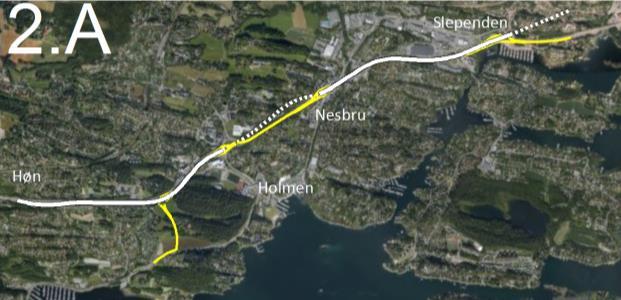 For E18 parsell 2 mellom Høn og Slependen er det utredet to alternativer: Alternativ 2.