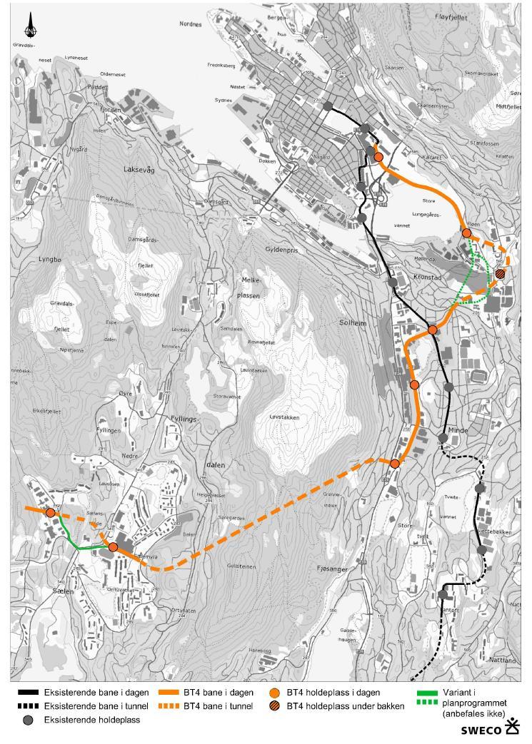 Figur 1-2 Oversiktskart over hele bybanetraséen med de to alternativene i