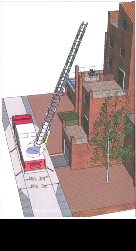 Bilde 1.1. Viser et eksempel på kjøre- og oppstillingsbredden brannvesenet trenger for sin høydeberedskap. Husk også belastningskravene som beskrevet i tabell 1.1. Bilde 1.2.