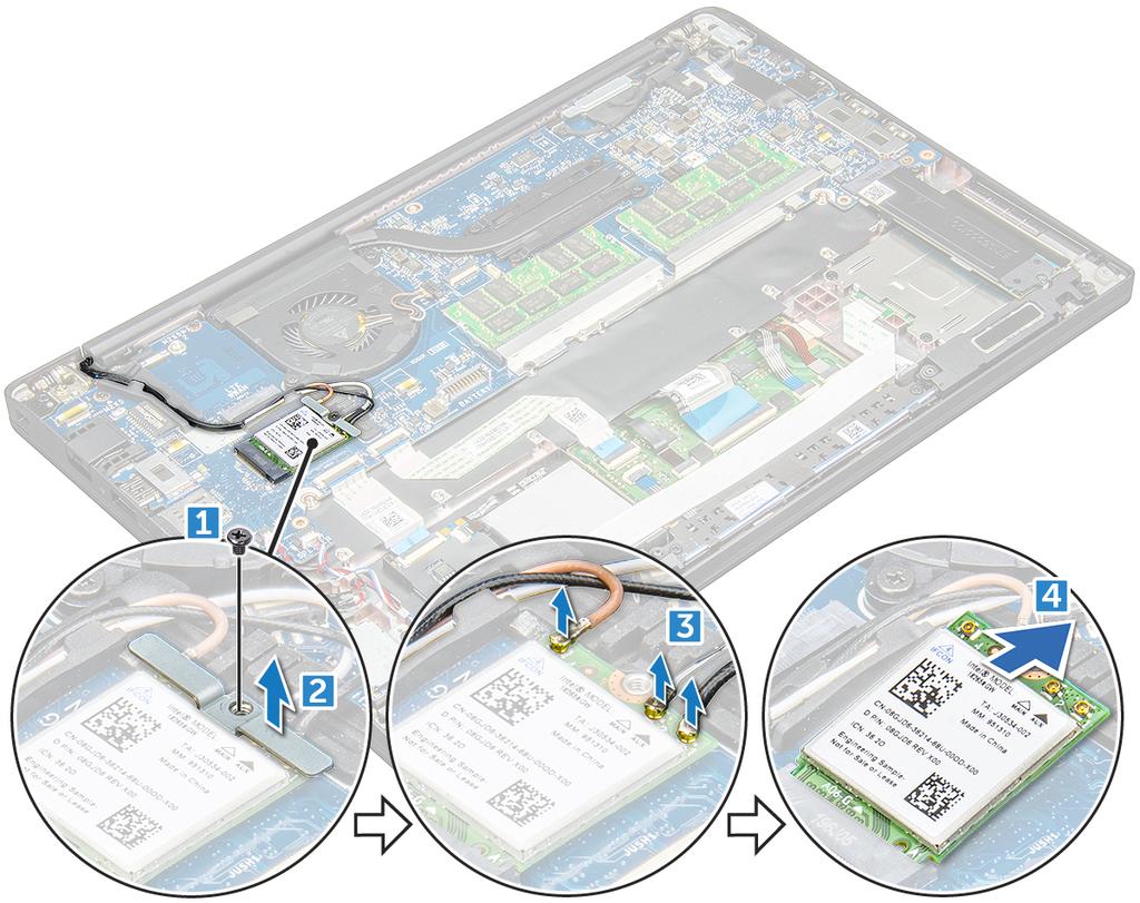 Sette inn WLAN-kortet 1 Sett WLAN-kortet inn i kontakten på hovedkortet. 2 Koble WLAN-kablene til kontaktene på WLAN-kortet. 3 Plasser metallbraketten og stram til M2.0 x 3.