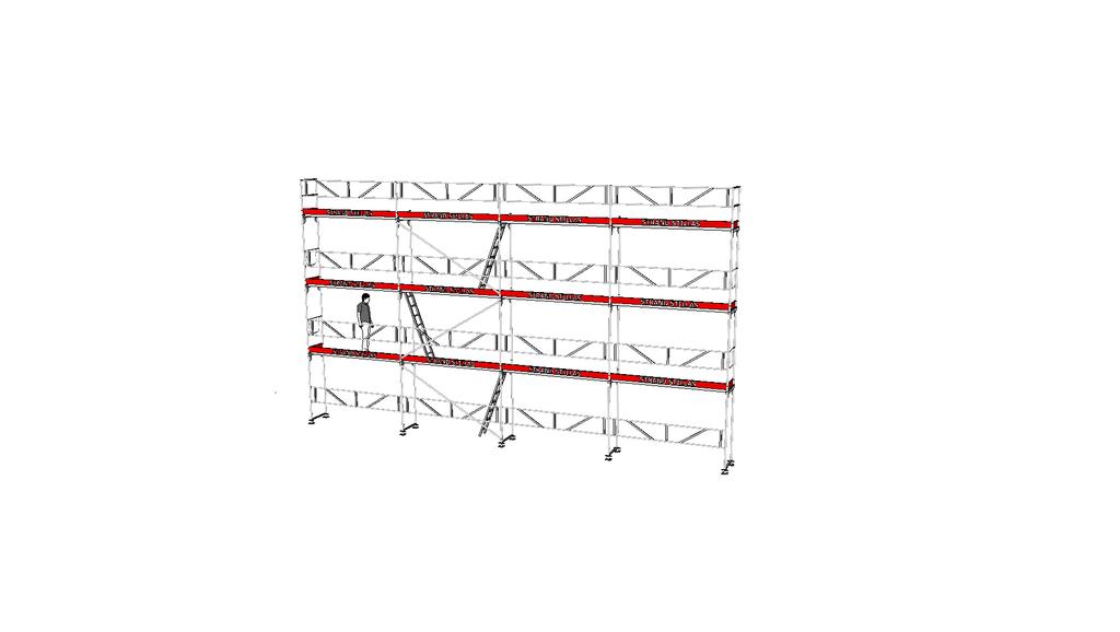 STILLAS Hengarpakke 34 inneheld : 15 Alu-vertikalramme 2,0 x 0,73 m 4 Enderekkverk 0,73 m 16 Alu-rekkverk 3,07 m 3 Diagonal 3,07 x 2,0 m 10 veggfester 0,55 m 6 Endesparkebord 0,73 m 12 Sparkebord
