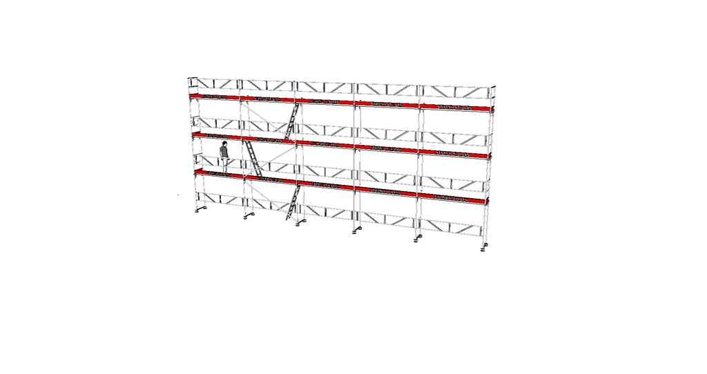 STILLAS Hengarpakke 35 inneheld : 18 Alu-vertikalramme 2,0 x 0,73 m 4 Enderekkverk 0,73 m 20 Alu-rekkverk 3,07 m 3 Diagonal 3,07 x 2,0 m 12 veggfester 0,55 m 6 Endesparkebord 0,73 m 15 Sparkebord