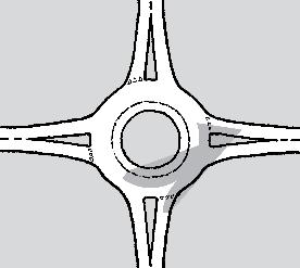 70 Sikt til venstre for tilfarten (bakover i rundkjøringen) En bilfører som befinner seg 10 meter bak vikelinja og midt i kjørefeltet bør ha sikt til hele det skraverte arealet vist i figur 4.42.