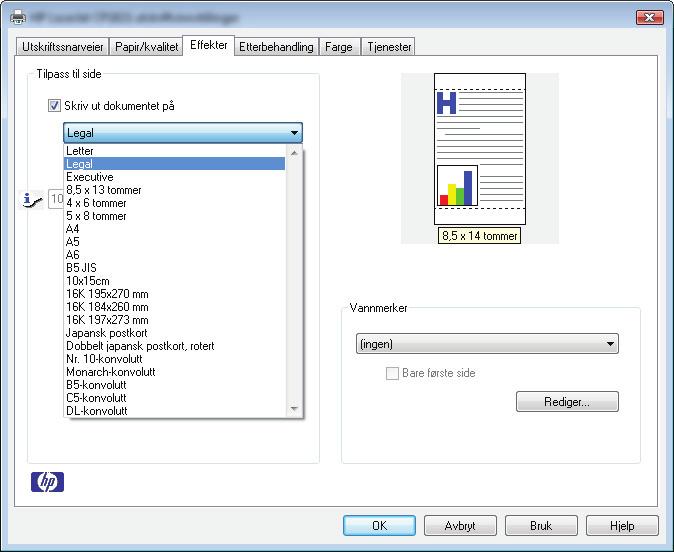 2. Velg produktet, og klikk deretter på Egenskaper eller Innstillinger. 3. Klikk på kategorien Effekter. 4. Velg alternativet Skriv ut dokument på, og velg deretter en størrelse fra nedtrekkslisten.