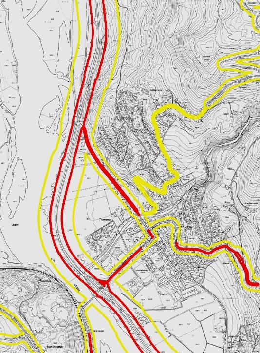 Her er støyvarselkart fra Vegvesenet som viser røde og gule støysoner langs RV og