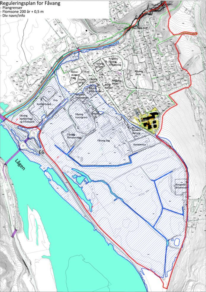 Dette er grove kart og kan ikke brukes til planlegging av bebyggelse. 4.3 Flom Flomsonekart med 200-årsflom + 0,5 meter viser at store områder innenfor planområdet er flomutsatt.