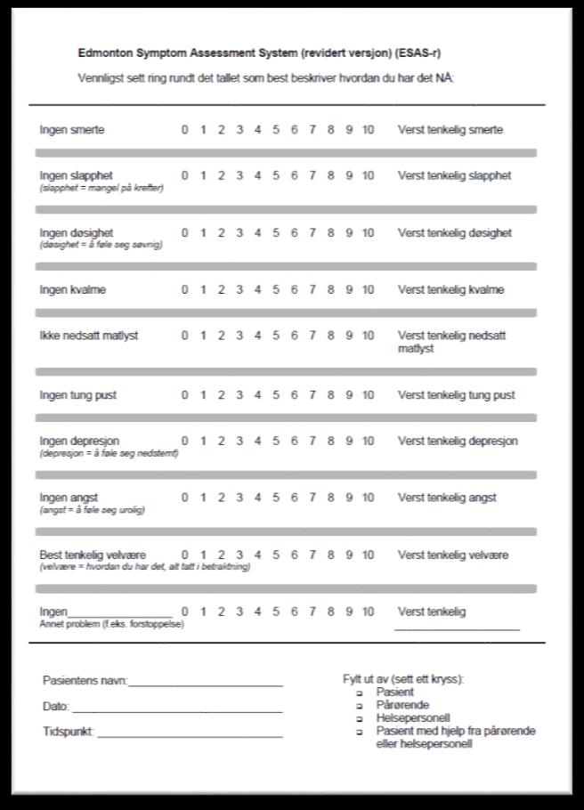 ESAS-r Edmonten Symptom Assessment System revised versjon Selvrapporteringsskjema (ideelt) Canadisk utviklet for palliative