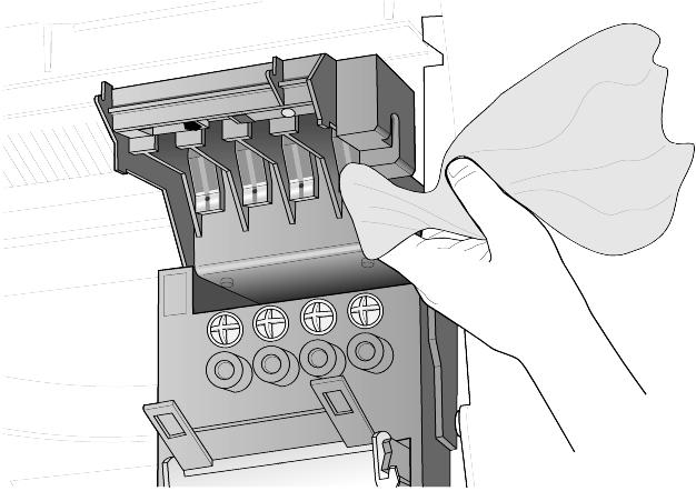 Om nødvendig fukter du kluten med en dråpe vann. Obs! Rengjør kopperlederne foran på skriverhodet, og tørk bare oppover. Ikke rengjør blekkdysene på undersiden av skriverhodet.