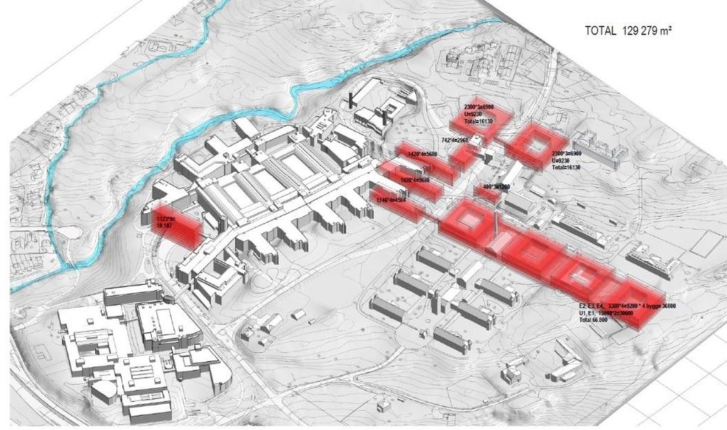 Avklaring av videre arbeid med utbygging på Aker og Gaustad 19 Figur 6 Alternativ utbygging i nordøst Begge utbyggingsalternativene inngår i bestilling av oppstartsmøte for reguleringsarbeidet og kan